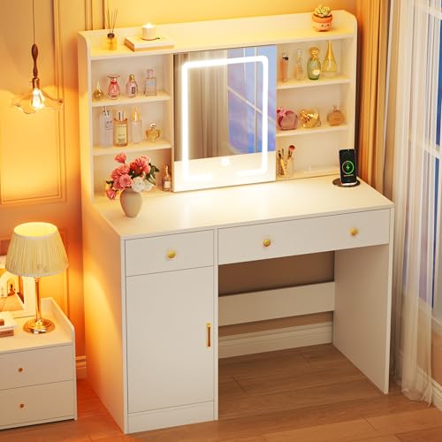 Image of HUAHUU 37.4 inch Vanity Desk with Mirror and Lights, Makeup Vanity with LED Sliding Mirror, 3-Color Lights, USB /Type-C Charging, White Vanity Desk with Storage Cabinet, 2 Drawers & 6 Shelves for Bedroom