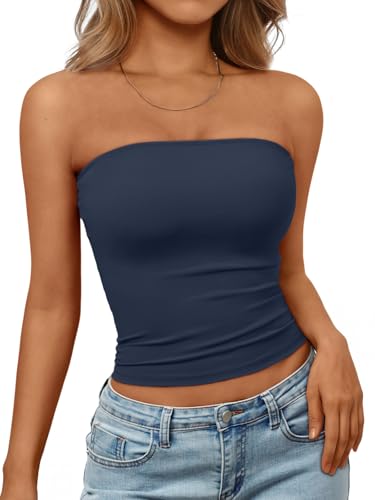 Trendy Queen Womens Strapless Tube Tops Basic Backless Sleeveless Bandeau Going Out Crop Tops Cute 2026 Summer Clothes Navy M