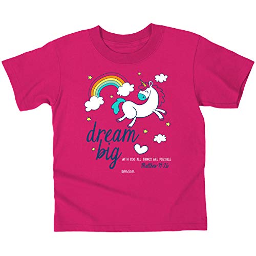 Image of Kerusso Dream Big with God All Things are Possible Unicorn Rainbow Pink Cotton Kids' Crew Neck T-Shirt