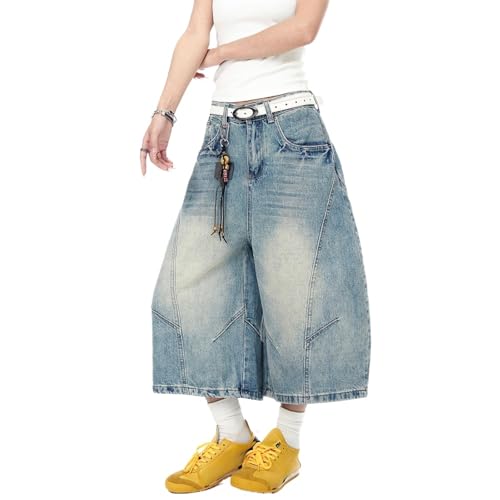 QJK Denim Shorts Loose Wide Leg Knee Length Washed Look Raw Hem Casual Streetwear Daily Outfit Bottoms (X-Large,Denim)