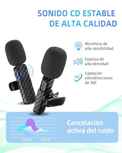 Microfono Inalambrico para iPhone/iOS/Android, Micrófono Lavalier Inalámbrico para Móvil Portátil Cámara, Micrófono para Facebook, Youtube, Twitter, TIK Tok Video y transmisión en Vivo– Juego de 2 - imagen 2