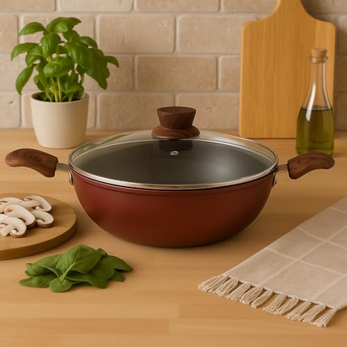 Image of The Better Home 2.5mm Triply Kadai (2.6L-24cm) with Glass Lid | Tryply SS Kadai with Heavy Bottom | Gas & Induction Kadhai for Deep Frying | Karahi for Kitchen | Triply Stainless Steel Cookware (Red)