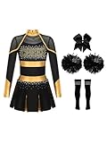 Kvysinly Déguisement Pompom Girl Robe Deguisement Pompom Girl Enfant Fille Pompoms et Chaussettes Costume Cheerleading Cosplay Halloween Carnaval Or et noir 11 12 ans