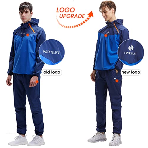 HOTSUIT Sauna Suit Men Weight Loss Jacket Pant Gym Workout Sweat Suits, Navy, L