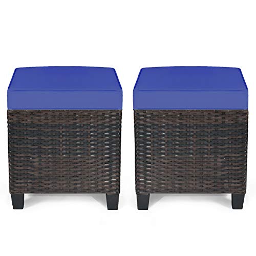RELAX4LIFE 2-Piece Patio Ottoman Set - Wicker Footstools, All Weather PE Rattan Ottoman with Removable Cushions, Square Footrest Seat, Outdoor Stools for Garden, Porch, Pouf Ottoman (Navy Blue)