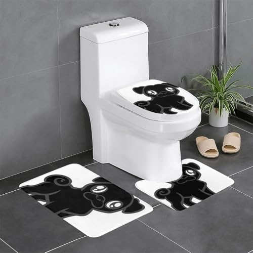 キャラクター 3点セット おしゃれ 萌えグッズ パグ 犬柄12 フランネル 滑り止め バスルームマット セット 抗菌 滑り止めトイレマット+ U字型フットパッド+ Oタイプトイレシートクッション 防臭 吸水 洗える 速乾 四季通用