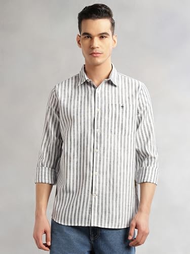Image of Thomas Scott Men's | Stripes | Full Sleeve | Regular Fit | Linen Blend | Spread Collar | Casual Shirt