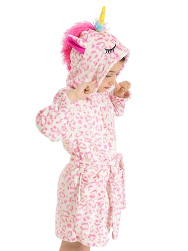 Girls Robe Kids Hooded Bathrobe Unicorn Rainbow Star Leopard Toddler Bath Robe Warm Fuzzy Bathrobes Age 3-12