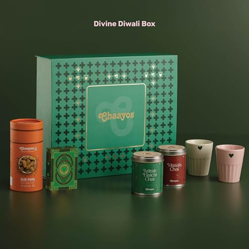 Image of Chaayos Divine Diwali Gift Box | Diwali gift Hamper with that includes Chai tin (Masala chai & Adrak Elaichi), 2 Ceramic Kulhads (Pink & Green), Set of 2 Diyas, Diwali Playing Cards, Gur Para for Family & Friends | Premium Diwali Gift Set
