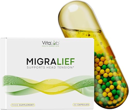 VitaLab Migralief Migraine & Head Tension Relief | Levagen+ CoQ10 Vitamins B3 B6 B12 & Linseed Oil with Damask Rose Oil | Neuro Anti-Inflammatory Supplement | 30 Capsules