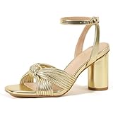 IDIFU Gold Block Chunky Heel Sandals 3 Inch Square Toe Heels with Adjustable Ankle Strap Women's Braided Knotted Bride Evening Wedding Homecoming Shoes(Gold Pu, 8)