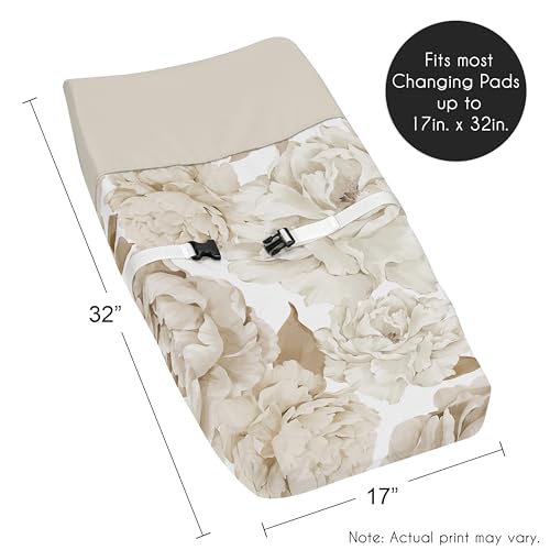 Image of Sweet Jojo Designs Taupe Beige Boho Shabby Chic Floral Girl Baby Changing Pad Cover - Infant Newborn Diaper Table Change Mat Sheet - Tan Ivory Bohemian Vintage Garden Watercolor Flower Nature Elegant