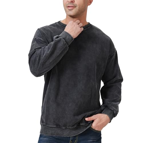 Men's Crewneck Sweatshirts Vintage Oversized Hiphop Acid Wash Long Sleeve Pullover Cotton Black Top3