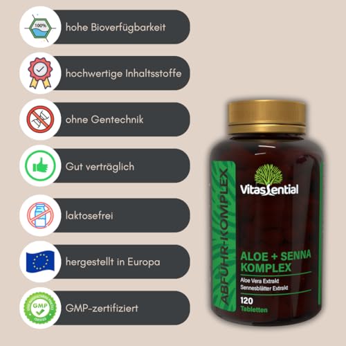 Vitassential Aloe + Senna Komplex - Natürliches Abführmittel schnell wirkend & stark - Stuhlweichmacher bei Verstopfung, Darmreinigung & Stoffwechsel für Erwachsene - 120 Tabletten