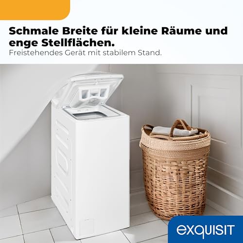 Exquisit Toplader Waschmaschine | 7,5 kg Kapazität, Energieklasse A, 1200 U/Min, 78 dB(A) | schmale Bauform, 15 Programme, Eco 40–60, Kurzprogramm, Startverzögerung, Aquastop | LTO51207-030A weiss