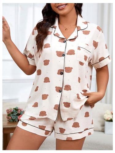 Image of Verdusa Women's 2 Piece Pajama Sets Summer Pajamas Cute Pj Set Lounge Matching Pjs Button Shirt with Shorts