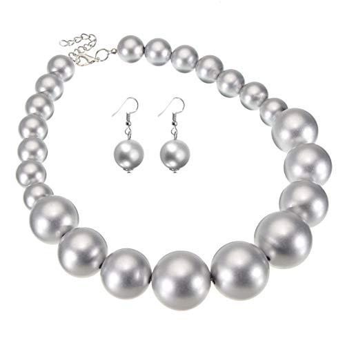 Fashion Large Big Simulated Pearl Statement Necklace Silver Beads Chain Choker Collar Bib Necklace Earrings Jewelry Set