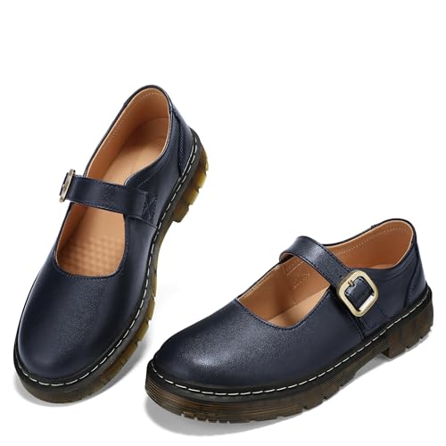 Image of Women's Mary Jane Flat Shoes Comfort Platform Buckle Ankle Strap Flats Breathable Slip On Lightweight Office Work Shoes Navy Blue,8 US