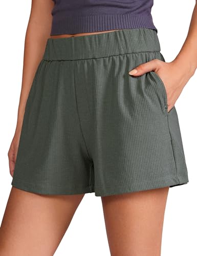 CRZ YOGA Comfy Ribbed Sweat Shorts for Women High Waisted Lyocell for Casual Lounge Athletic Jersey with Pockets Grey Sage Medium