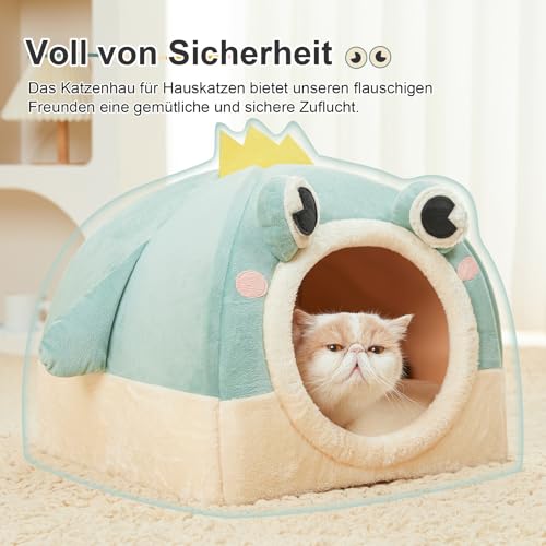 Jiupety Katzenhöhle und Hundehöhle Kleine Hunde, 2-in-1 Faltbare Katzenbett, Nettes Warmes Katzenbett Höhle mit Abnehmbarem Waschbaren Kissen, 43 cm Katzenhaus Indoor, Grün