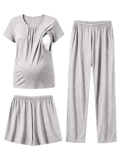 Image of SWOMOG Women 3Pcs Maternity Pajama Set Nursing Pjs Pregnancy Set Breastfeeding Pjs Double Layer with Pockets Grey XX-Large