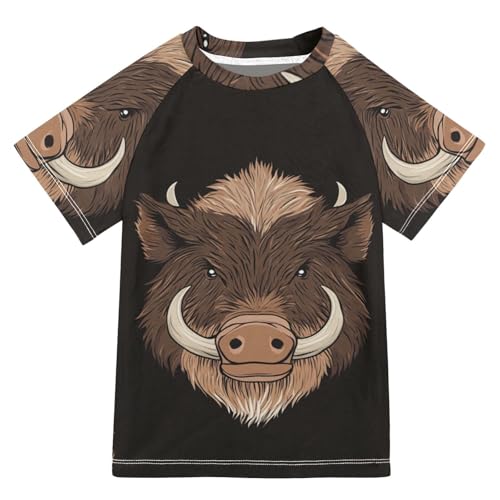 Boys Short Sleeve T-Shirts Wild Pig Black Rashguard Kids Swim Shirts Sun UPF 50+