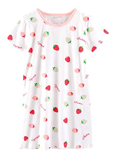 ABClothing Vestido de Pijama para niñas Four Seasons Camisón de algodón de Fresa de Manga Corta 13 14 años Blanco Cover