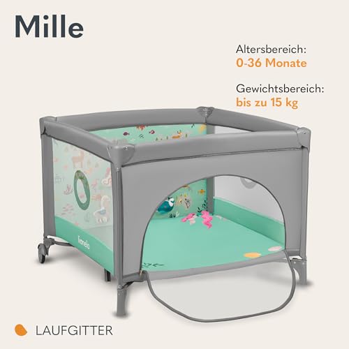 LIONELO MILLE 2-in-1 Baby-Reisebett und Laufstall 100x100 cm bis 15 kg 0-36 Monate Seitlicher Eingang mit Reißverschluss Kinderreisebett mit Matratze Räder mit Bremse einfaches Zusammenklappen