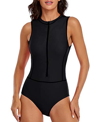 LVZIJUN Women One Piece Rash Guard High Neck Sleeveless Zipper UPF 50 Surfing Swimsuit
