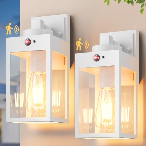 Image of Gleamz 2-Pack Motion Sensor Outdoor Light Fixtures Wall Mount, Waterproof | Modern White Dusk to Dawn Exterior Wall Lantern for House Front Porch, Waterproof Outdoor Sconce Lights for Garage, Coach