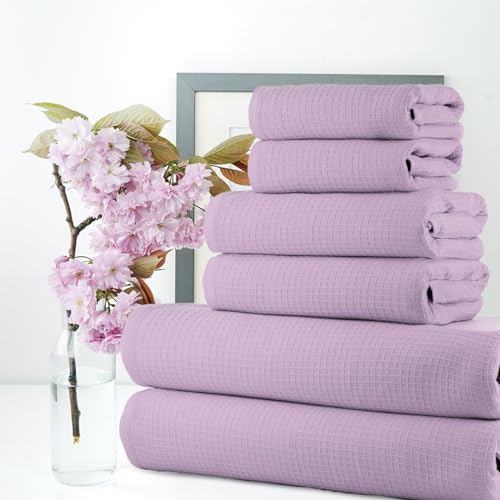 Image of Casa Copenhagen, Egyptian Cotton - Waffle Terry Towel 6 Piece Set, Includes 2 Bath Towels 2 Hand Towels 2 Washcloths - Purple Rose