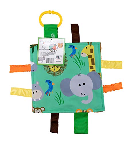 Baby Jack & Co 8x8” Jungle Lovey Tag Toys for Babies - Baby Crinkle Toys - Crinkle Toys for Baby - Soft & Safe - Learn Shapes & Colors - Ideal Baby Toy - BPA Free w/Stroller Clip