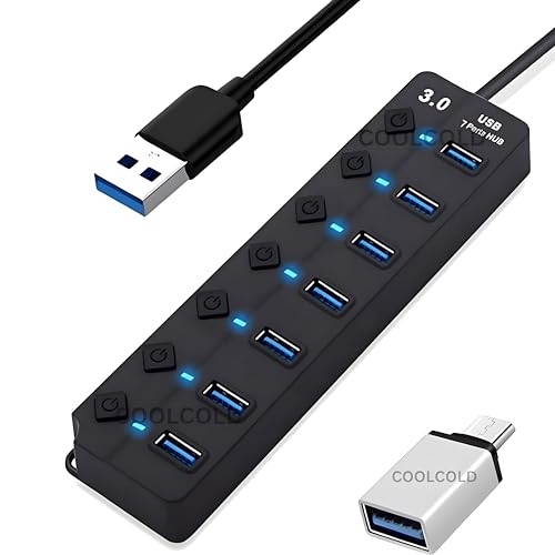 VIBOTON USB Hub with Type c OTG Dongle, USB Hub 7 Ports, 1 x 3.0 Port Cable Side, and 6 x 2.0 Ports, Hub for Laptop, 7-Port Hub with Individual Switches and Lights, High Speed Hub (Black) Cable - 30CM