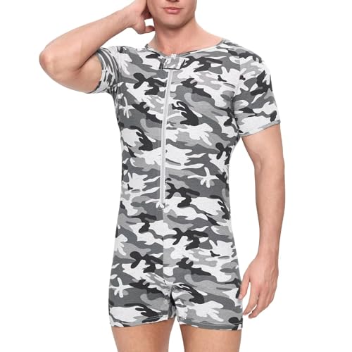Onesie for Men Cotton Short Sleeve Camouflage Pajama Jumpsuits One Piece Printed Romper Bodysuit Zipper Up3