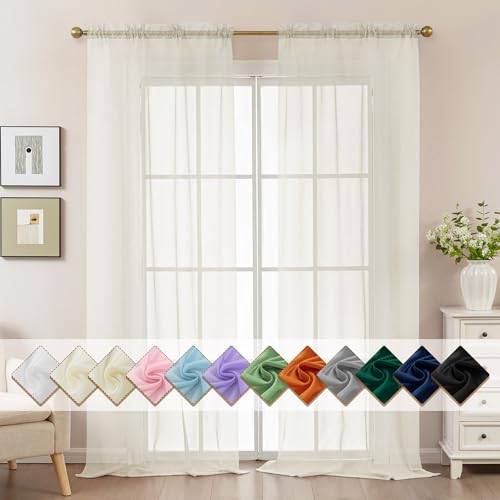 Image of Ivory Sheer Curtains 108 Inches Extra Long, Privacy Semi Sheer Curtains for Living Room Bedroom, Light Filtering Rod Pocket Voile Window Drapes 2 Panels Set, Each 42 inch W x 108 inch L