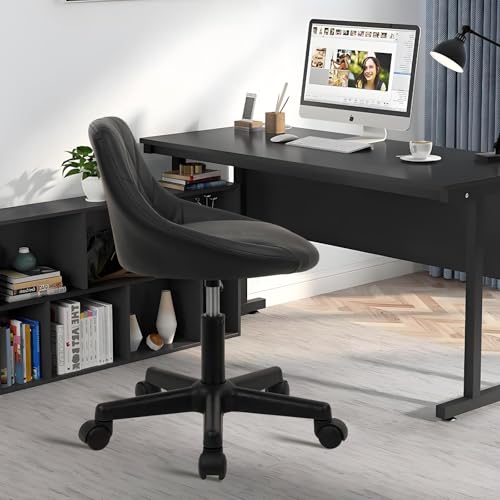 Image of KLASIKA Black Low Back Rolling Stool PU Leather Vanity Stools, Adjustable Height Ergonomic Swivel Rolling Desk Stool Work Office Swivel Chair, Makeup Salon Spa Stools