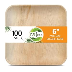 Raj Palm Leaf Plates [100-Pack] 6″ Square Plates like Bamboo plates Disposable, Strong, Decorative Compostable Tableware for wedding, Lunch, Dinner, Birthday, Camping, Outdoor BBQ, Picnic