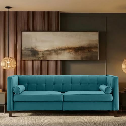 Dreamsir 78'' W Velvet Sofa, Mid-Century Love Seats Sofa Furniture with Bolster Pillows, Button Tufted Couch for Living Room, Tool-Free Assembly (Sofa, Peacock Blue)