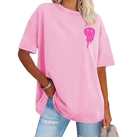 Womens Oversized Tshirt Graphic Tees Crew Neck Summer Short Sleeve Loose Fit Tops (A-Letter Print Pink, M) Cover
