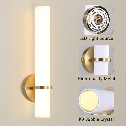 Image of LED Dimming Wall Sconces 8W, 3000K Warm Lights Dimmable, White Lampshade Bathroom Vanity Lighting Wall Light Fixtures for Bedroom Dining Living Hallway, Antique Gold