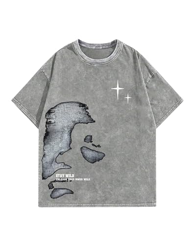 Men's Letter Graphic T Shirts Oversized Drop Shoulder Short Sleeve Vintage Streetwear Crew Neck Casual Tee Top