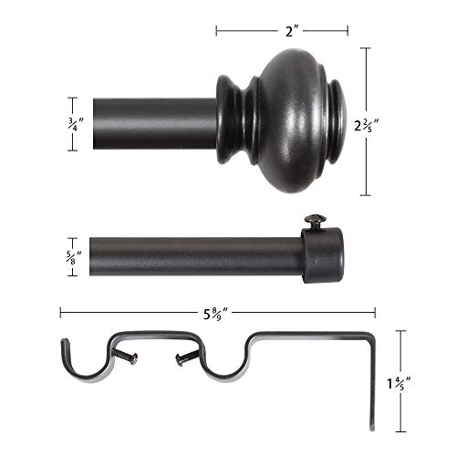 H.versailtex Elegant Window Treatment Telescoping Double Curtain Rod Set With Classic Cap, 3/4-Inch Diameter, Adjusts From 66 To 120 Inches, Pewter #TOP5