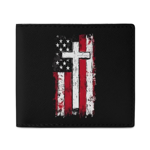 God Bless American U.S. Flag Crosses Bifold Wallet RFID Blocking Slim Credit Card Holder with with ID Window for Men Women