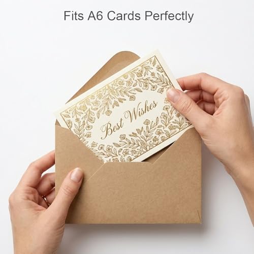 A6 Kraft Envelopes 100 Pack 6.3 x 4.3 Inch, 120gsm Thick Invitation Envelopes, Rustic V Flap Greeting Card Envelopes for Wedding Invitations, Postcards, RSVP Cards, Business Mail — view 6