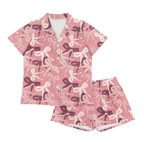 Image of Renewold Button Down Womens Pajama Set Short Sleeve Loungewear Bow Nightwear Sleepwear Night Suit Tops Shorts 2 Pieces