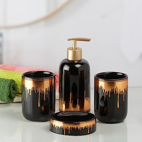 Image of SaSaSa Ceramic Bathroom Accessories Set of 4 Modern Bath Set with Soap Dispenser & Toothbrush Holder, Luxury Home & Gift Idea, Black /Gold (9739)