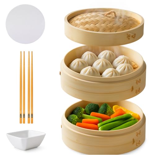 2-Tier Bamboo Steamer Basket with Chopsticks