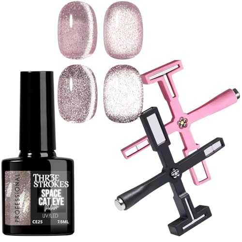 Image of THR3E STROKES 9D Cat Eye Gel Nail Polish 7.5ML - Glitter Magnetic Gel with 3D Shimmering Effect - 5 in 1 Magnet Set - UV /LED Soak Off Gel for Nail Art & DIY Manicure at Home (CE25+5IN1MAGNE)