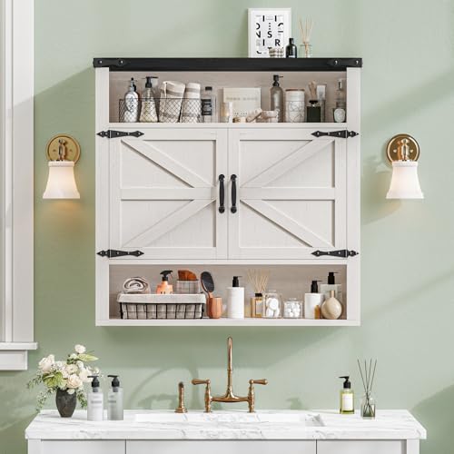 Image of Bathroom Wall Cabinet, Farmhouse Medicine Cabinet with Adjustable Shelves and 2 Barn Doors, Wall Mounted Over the Toilet Storage Cabinet for Bathroom, Laundry Room, Kitchen, Rustic White and Black