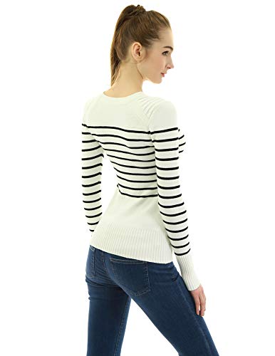 AmélieBoutik Women Crewneck Striped Military Button Embellished Pullover Sweater3